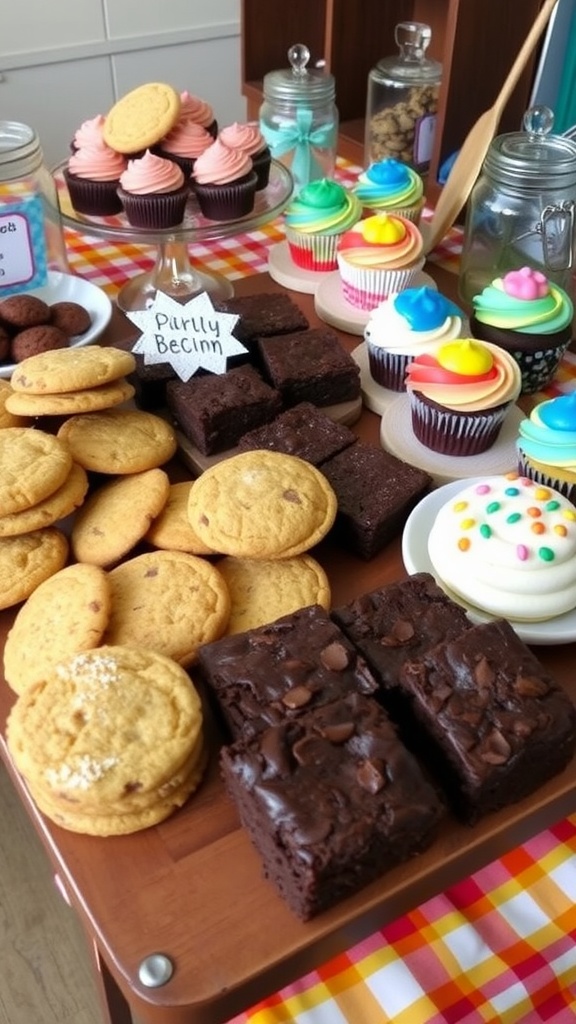 An enticing assortment of baked goods including chocolate chip cookies, brownies, and cupcakes on a rustic table.